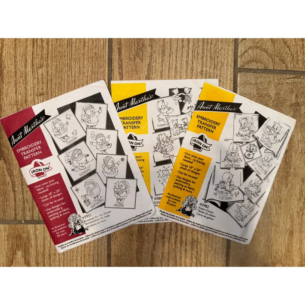 Aunt Martha's Embroidery Transfer Pattern (lot of 3 - Kittens; Snowmen; Bears)